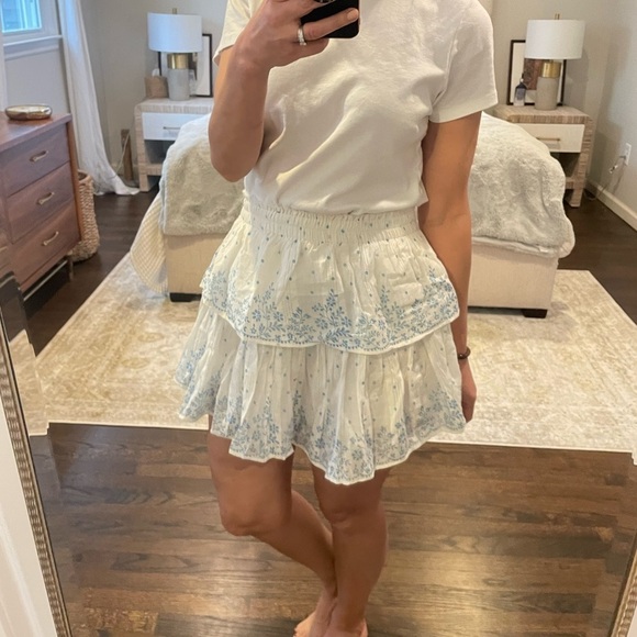 LoveShackFancy Ruffle Mini Skirt Ivory Blue Floral Size Medium - Picture 11 of 11